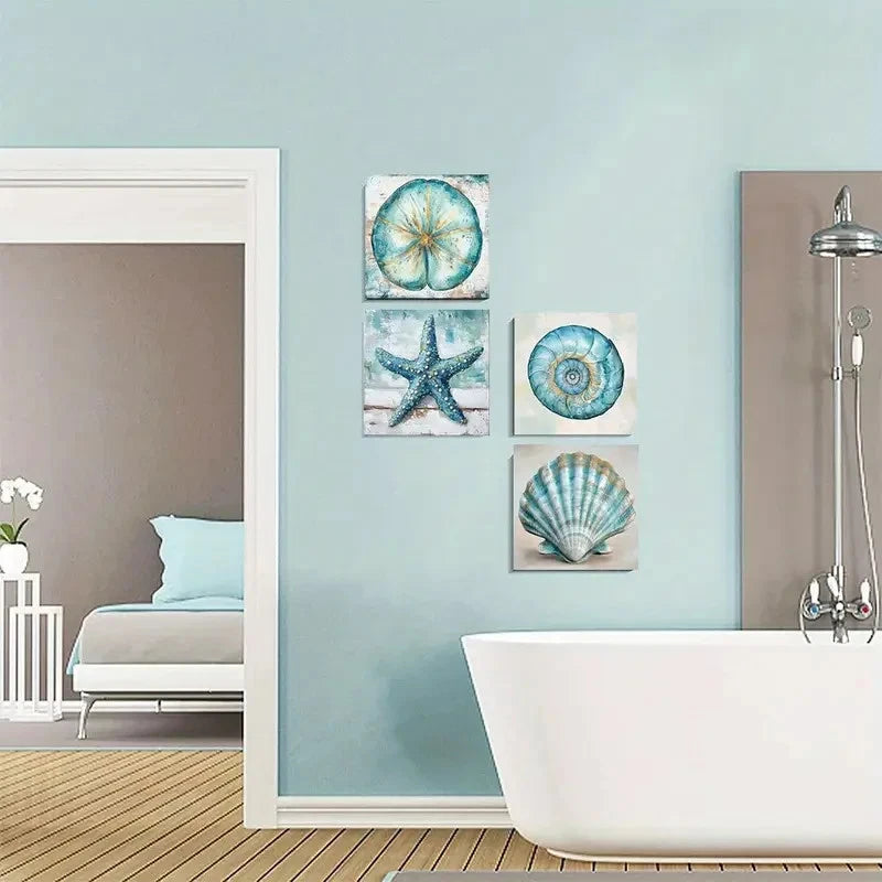 4pcs Rustic Beach Shell & Starfish Wall Decor Wall Art Canvas Framed
