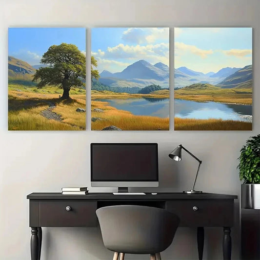 3pcs Yew Tree Tarn and Langdale Pikes Lake View Metal Print Ready to Hang Art