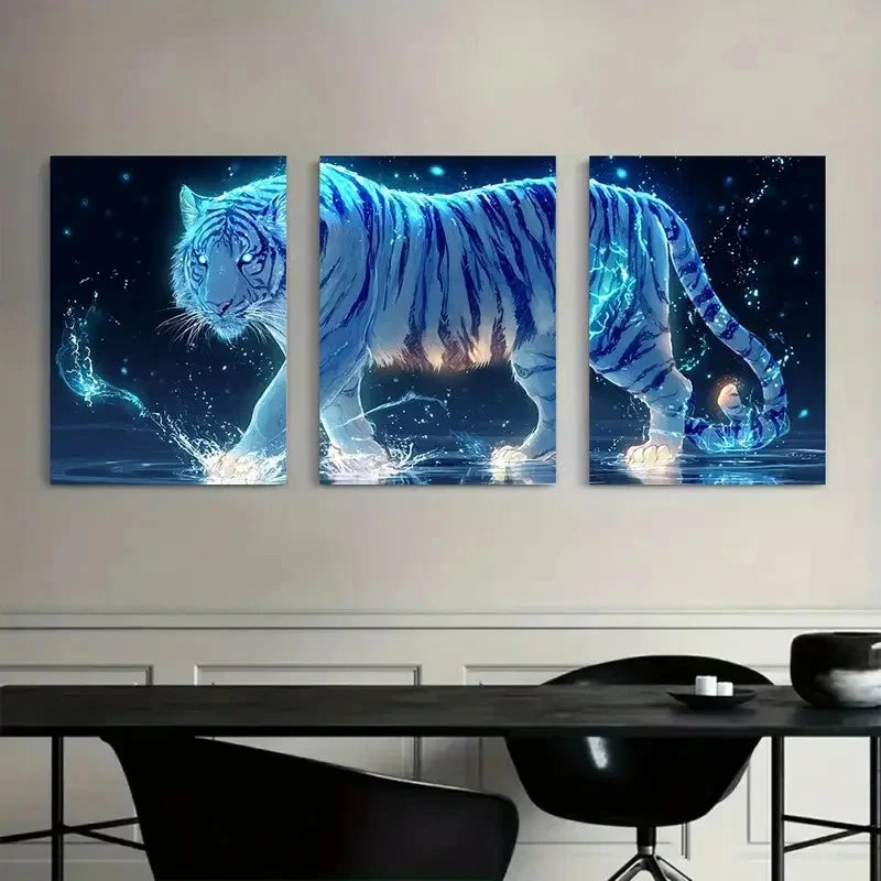 3pcs Glowing White Tiger Hyper-Realistic Metal Print Ready to Hang Art