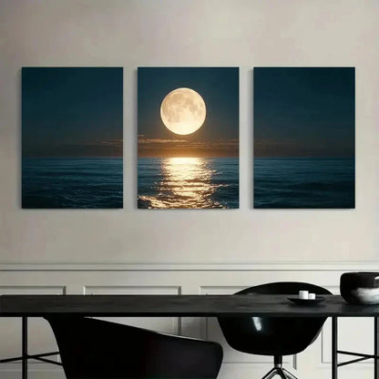 3pcs Full Moon Ocean Golden Reflections Metal Print Ready to Hang Art
