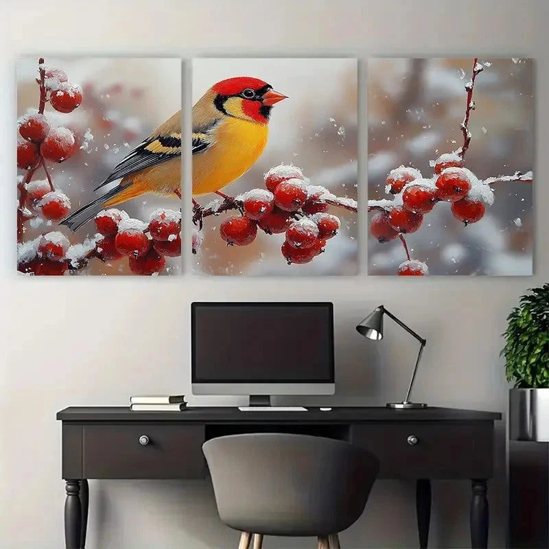 3pcs Goldfinch Small Birds with Fruits Design Metal Print Ready to Hang Art