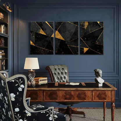 3pcs Abstract Golden Black Triangles Luxury Metal Print Ready to Hang Art