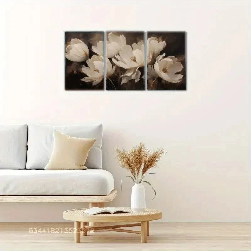 3pcs White Tulips on Dark Background Metal Print Ready to Hang Art