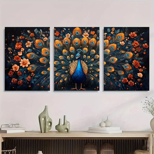 3pcs Vibrant Peacock Blue & Orange Metal Print Ready to Hang Art
