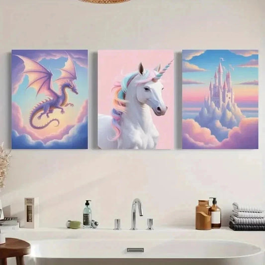 3pcs Unicorn, Dragon, Castle Wall Art Canvas  Wall Art Set Canvas Framed 40x60cm - High Quality Print 100% Australian Made Wall Canvas Ready to Hang