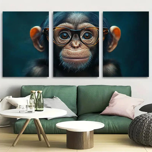 3pcs Cute Monkey with Glasses Design Metal Print Ready to Hang Art