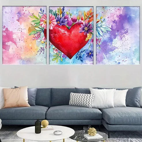 3pcs Vibrant Abstract Floral Heart Canvas Wall Art Set Canvas Framed 60x90cm - High Quality Print 100% Australian Made Wall Canvas Ready to Hang