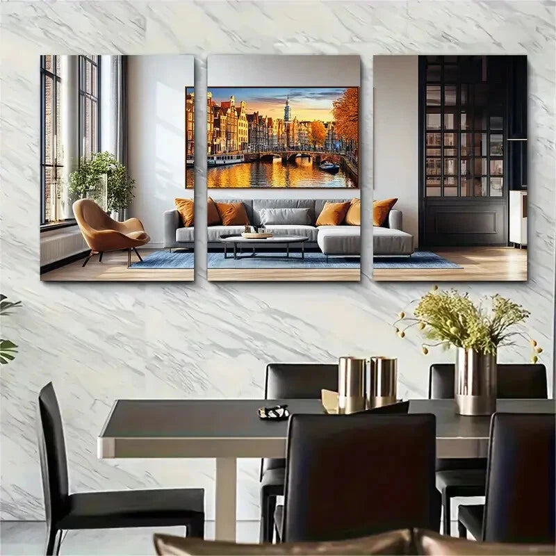 3pcs Vibrant European Cityscape with Historic Metal Print Ready to Hang Art