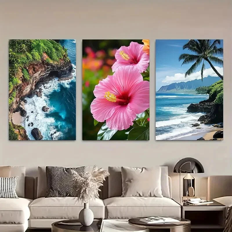 3pcs Hawaii Beach with Palm Trees and Ocean Waves Metal Print Ready to Hang Art