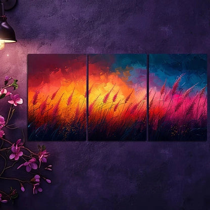 3pcs Vibrant Abstract Tall Grass Scene at Sunset Metal Print Ready to Hang Art