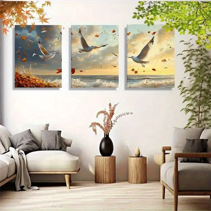 3pcs Seagulls Birds Soaring in the Golden Light Metal Print Ready to Hang Art