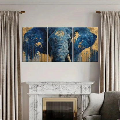 3pcs Abstract Blue Elephant Art Golden Accents Metal Print Ready to Hang Art