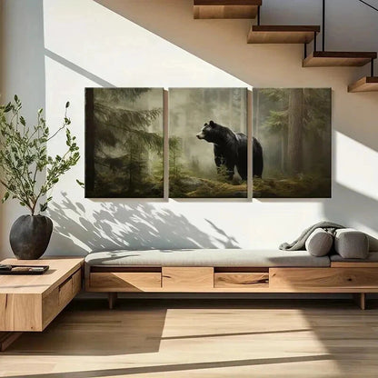 3pcs Majestic Black Bear In Misty Forest Wall Art Set Canvas Framed 40x60cm - High Quality Print 100% Australian Made Wall Canvas Ready to Hang