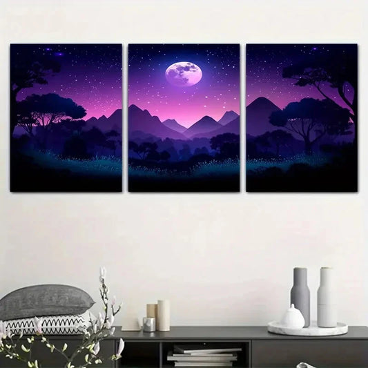 3pcs Moonlit Night Mountain & Tree Silhouette Metal Print Ready to Hang Art