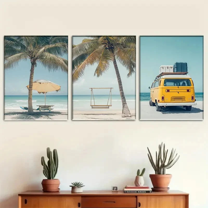 3pcs Tropical Palm Tree Ocean Hammock Chair Metal Print Ready to Hang Art