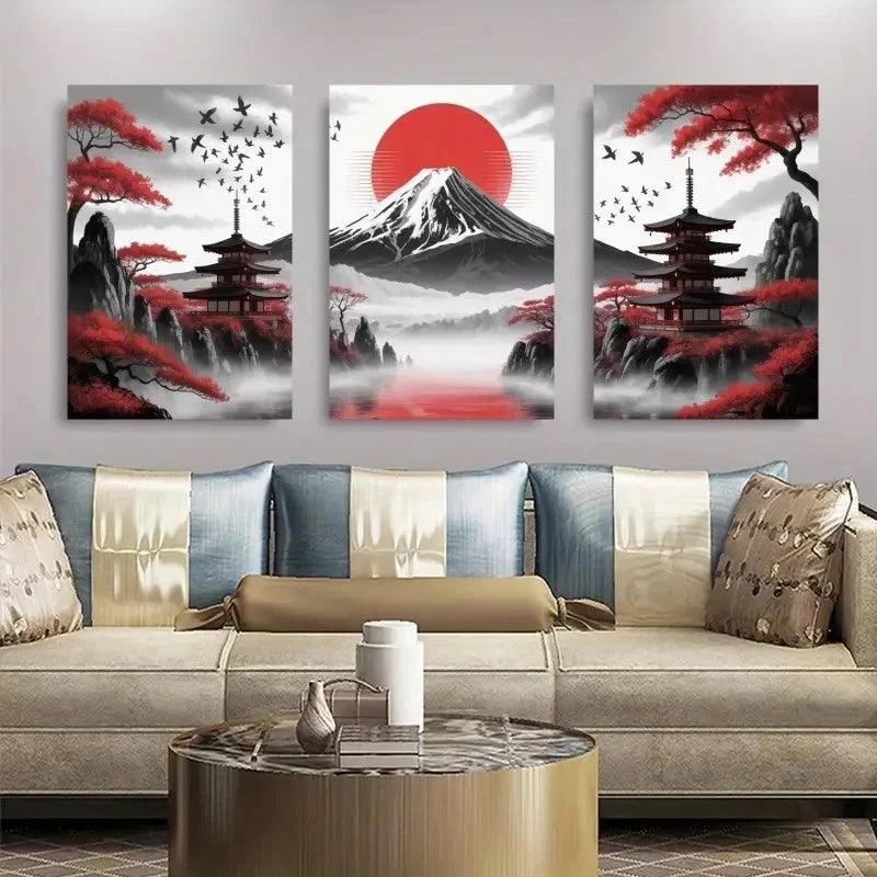 3pcs Red Sun, Mount Fuji, Japanese Pagoda  Wall Art Set Canvas Framed 60x90cm - High Quality Print 100% Australian Made Wall Canvas Ready to Hang