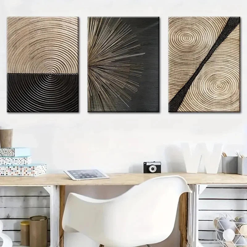 3pcs Black Beige & White Swirling Patterns Metal Print Ready to Hang Art