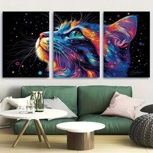 3pcs Vibrant Psychedelic Cat Design Metal Print Ready to Hang Art