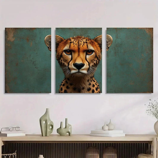 3pcs Vintage Cheetah Animal Themed Metal Print Ready to Hang Art