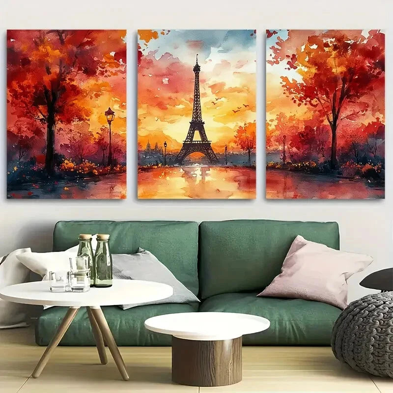 3pcs Eiffel Tower Sunset Vibrant Watercolor Metal Print Ready to Hang Art