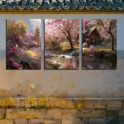 3pcs Vibrant Houses By The Creek with Pink Florals Metal Print Ready to Hang Art