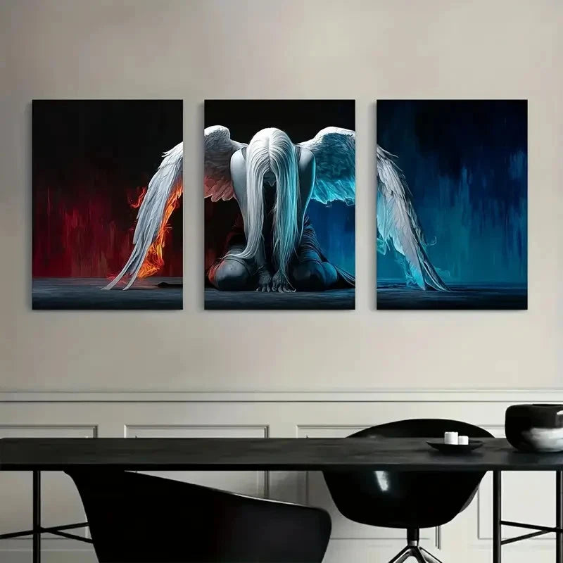 3pcs Woman with Long White Hair And Large Wings Metal Print Ready to Hang Art