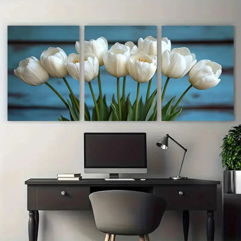 3pcs Elegant White Tulips with Leaves Illustration Metal Print Ready to Hang Art