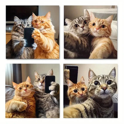 4pcs Elegant Cat Selfie PostersWall Art Canvas Framed