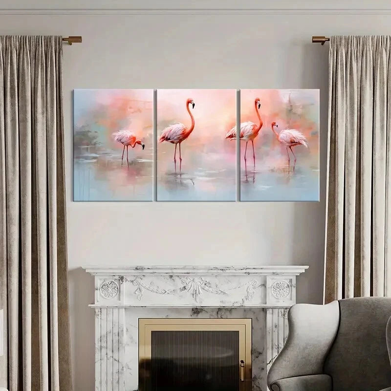 3pcs Pink Flamingo Abstract Animal Art Soft Colors Metal Print Ready to Hang Art