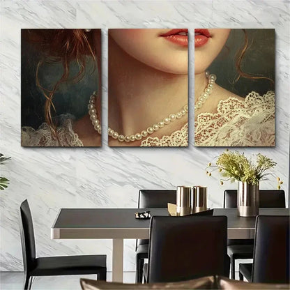 3pcs Woman with Pearls and Lace Victorian-Style Metal Print Ready to Hang Art