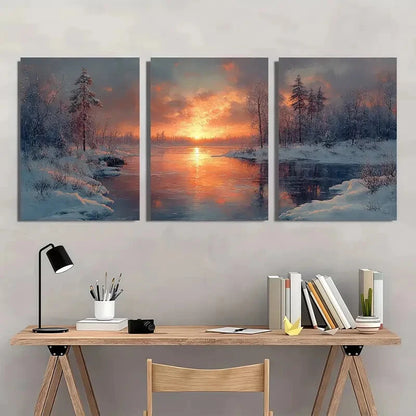 3pcs Frozen Lake Sunset Landscape Painting Metal Print Ready to Hang Art