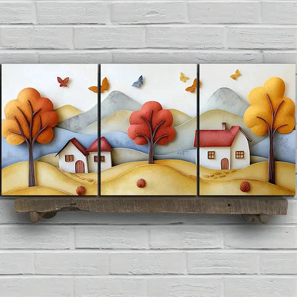 3pcs Colourful Mountains And Cabins Metal Print Ready to Hang Art