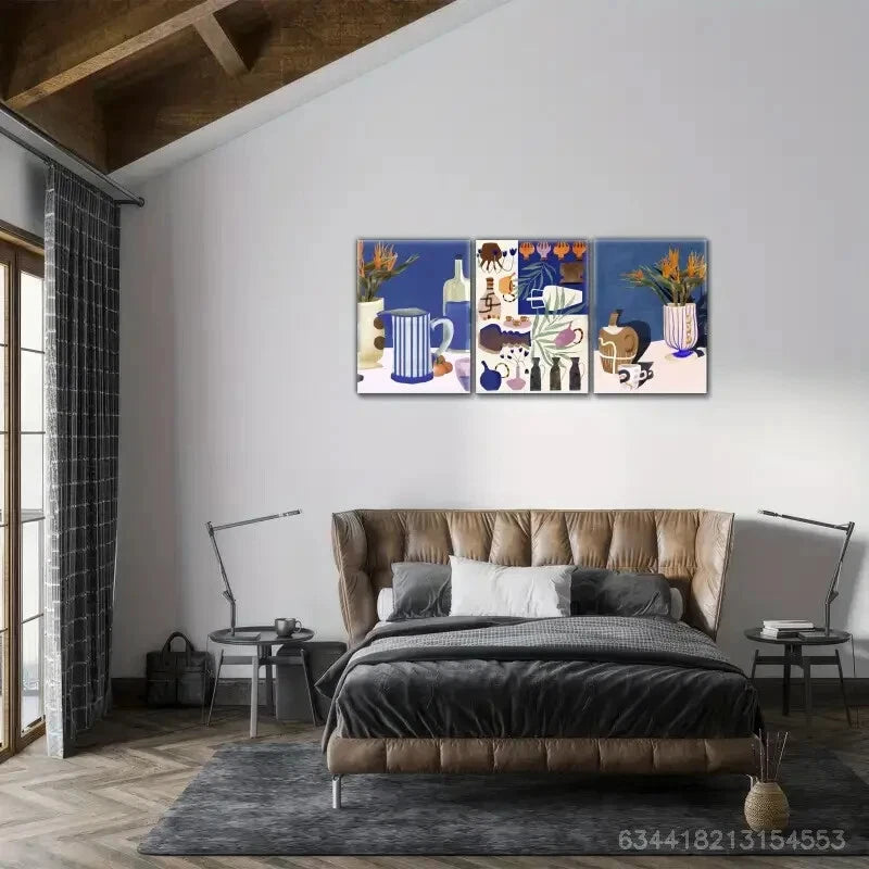 3pcs Elegant Tea Cups Teapots Flowers Vases Metal Print Ready to Hang Art