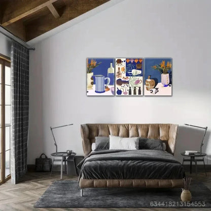 3pcs Elegant Tea Cups Teapots Flowers Vases Metal Print Ready to Hang Art