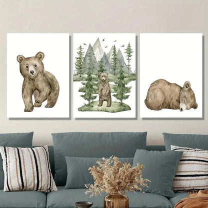 3pcs Charming Cartoon Bear &amp; Forest Watercolor Metal Print Ready to Hang Art