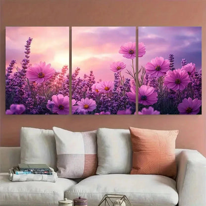 3pcs Pink Wildflowers Purple Skies Illustration Metal Print Ready to Hang Art