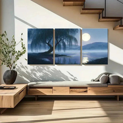 3pcs Serene Lake Reflection Full Moon Glow Metal Print Ready to Hang Art