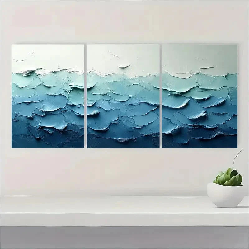 3pcsLight Green and Blue Abstract Texture Painting Metal Print Ready to Hang Art