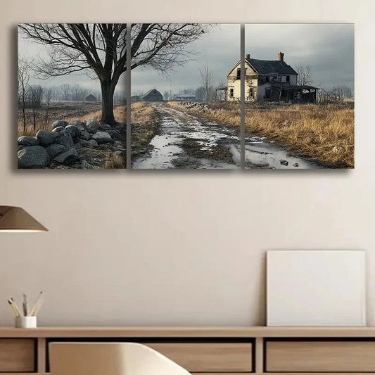 3pcs Rustic Farmhouse Scene with Chimney Metal Print Ready to Hang Art