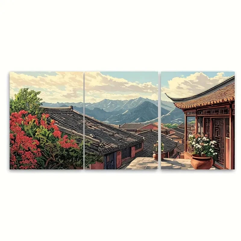 3pcs Naxi Embroidery Decor Terracotta Poster Metal Print Ready to Hang Art