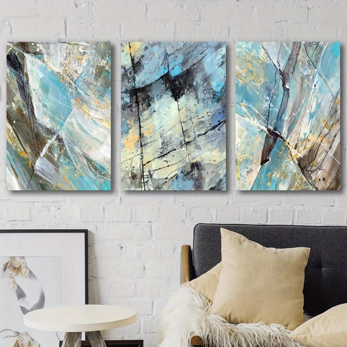 3pcs Golden Foil Marble Texture Blue and Green Metal Print Ready to Hang Art