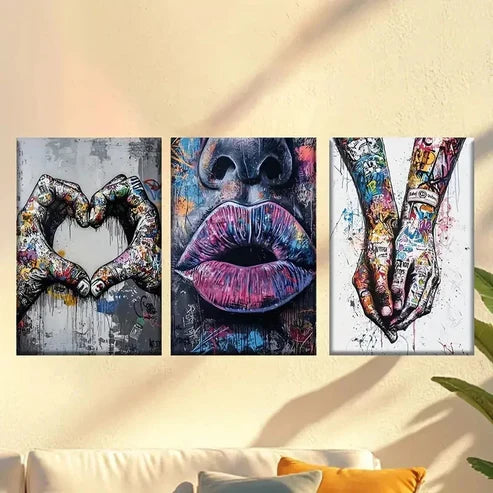 3pcs City Street Graffiti Hand in Hand Wall Art Canvas Unframed - High Quality Print 100% Australian Made Wall Canvas