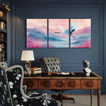 3pcs Crane Flight Over Serene Mountains Metal Print Ready to Hang Art
