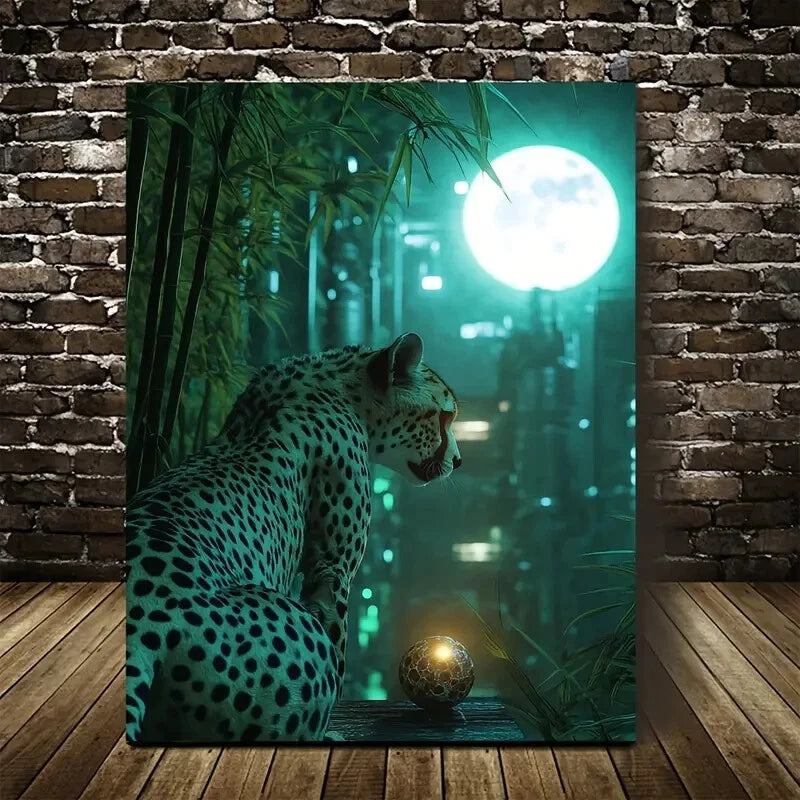 Cheetah & Moonlit Bamboo Moonlight Scene Painting 40x60cm Metal Print Ready to Hang