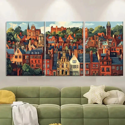 3pcs Vibrant English Cityscape with Historic Build Metal Print Ready to Hang Art