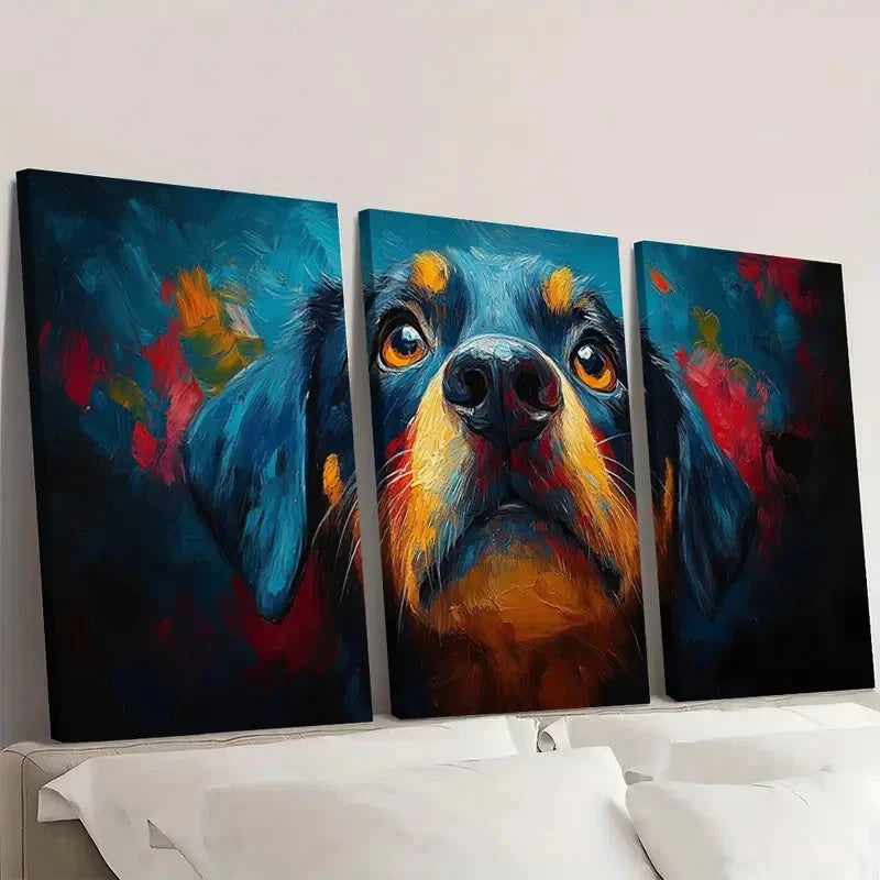 3pcs Abstract Dog Blue, Orange & Yellow Color Wall Art Set Canvas Framed 50x70cm - High Quality Print 100% Australian Made Wall Canvas Ready to Hang