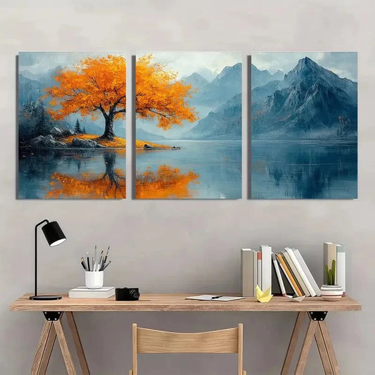 3pcs Golden Leaves Mountain Lake Reflection Wall Art Set Canvas Framed 40x60cm - High Quality Print 100% Australian Made Wall Canvas Ready to Hang