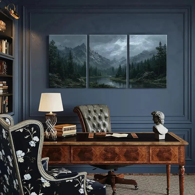 3pcs Mountain Landscape Forest Stream Dark Clouds Metal Print Ready to Hang Art