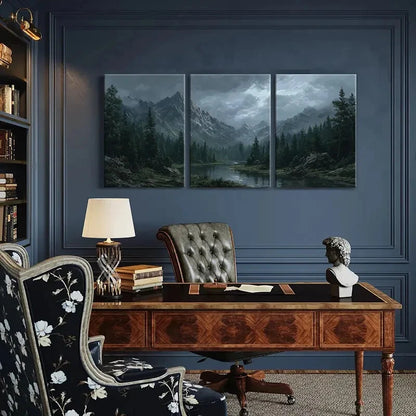 3pcs Mountain Landscape Forest Stream Dark Clouds Metal Print Ready to Hang Art