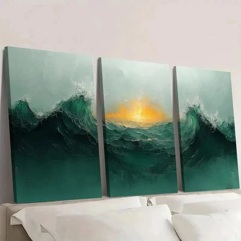 3pcs Green Minimalist Waves & Sunset E y  Wall Art Set Canvas Framed 60x90cm - High Quality Print 100% Australian Made Wall Canvas Ready to Hang